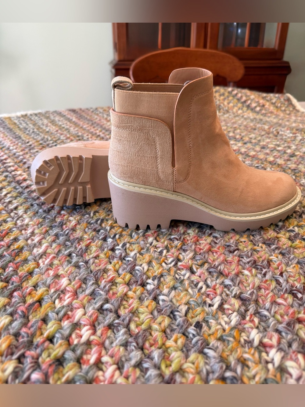 Women’s Platform Lug Sole Chelsea Ankle High Boots with Chunky Heel in Light Tan
